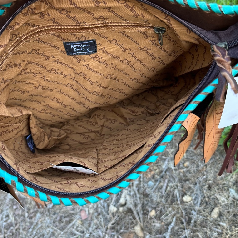American Darling Eagle Feather Moon Hand Painted Leather Fringe Crossbody Purse - Picture 7 of 9